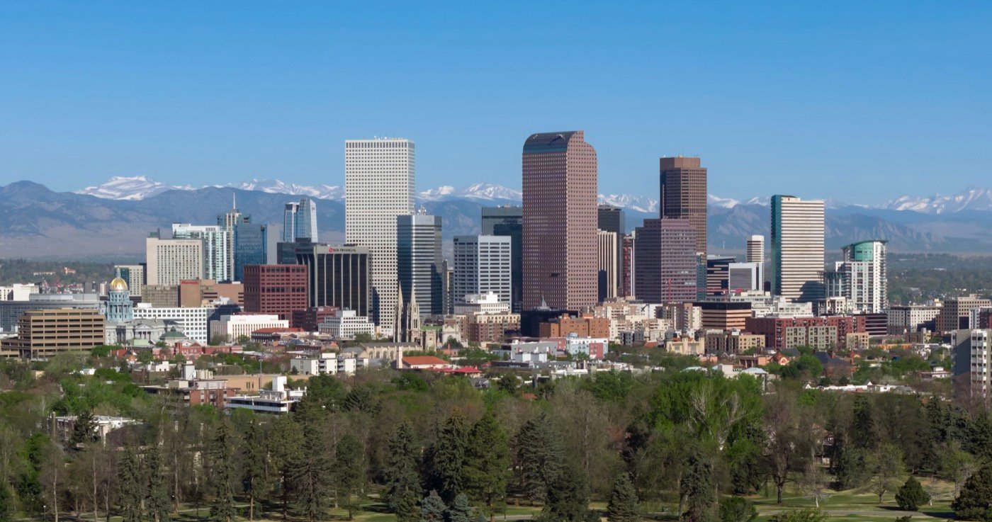 Denver skyline with mountains in the distance